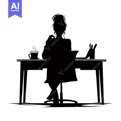 Silhouette of a Woman Working at a Desk with a Cup of Coffee