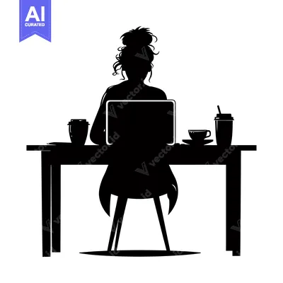 Aset desain premium: Silhouette of a Woman Working on a Laptop at a Desk