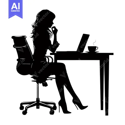 Aset premium populer: Silhouette of a Woman Sitting at a Desk with a Laptop and a Cup of Cof