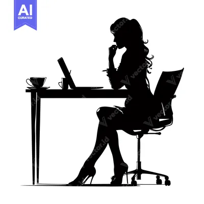 Aset premium populer: Silhouette of a Woman Sitting at a Desk with a Laptop