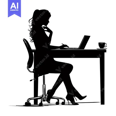 Aset premium populer: Silhouette of a Woman Working at a Desk with a Laptop and Coffee
