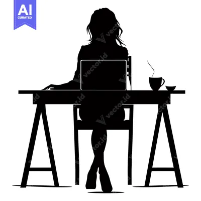 Aset desain premium: Silhouette of a Woman Working at a Desk with a Laptop and Coffee