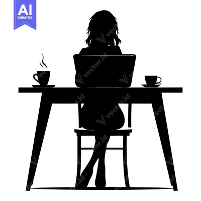 Popular premium asset: Silhouette of a Woman Working at a Desk with a Laptop and Coffee