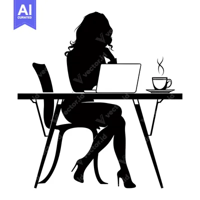 Aset desain premium: Silhouette of a Woman Working at a Desk with a Laptop and a Cup of Cof