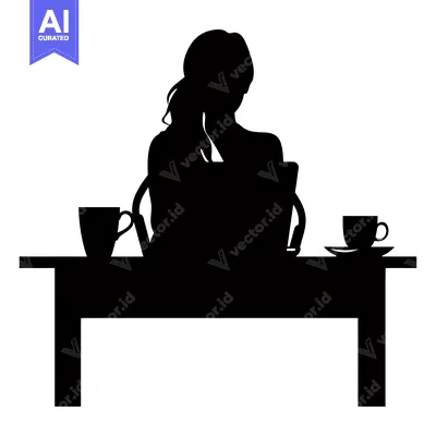 Popular premium asset: Silhouette of a Woman Working at a Desk with Two Cups