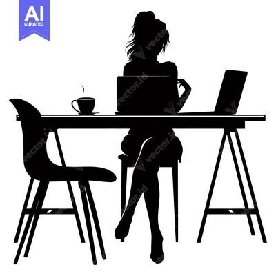 Popular premium asset: Silhouette of a Woman Sitting at a Desk with a Laptop and Coffee