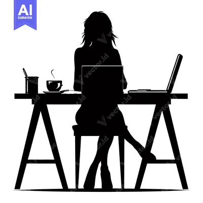 Aset desain premium: Silhouette of a Woman Working at a Desk with a Laptop and a Cup of Cof