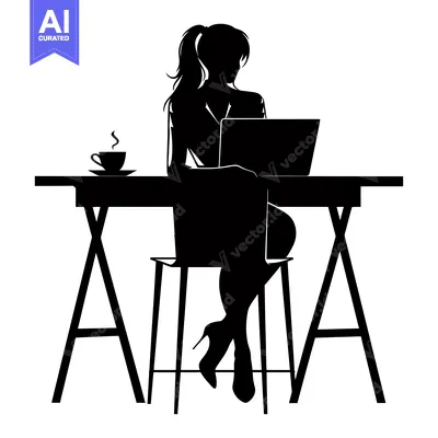Aset desain premium: Silhouette of a Woman Working at a Desk with a Laptop and a Cup of Cof