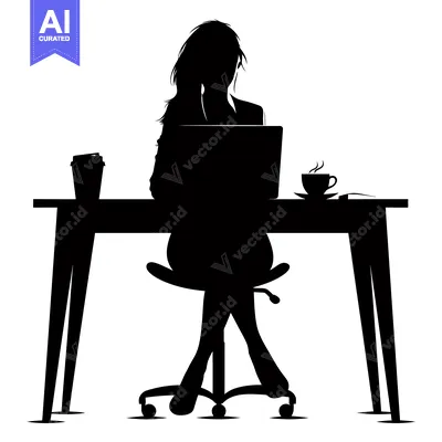 Popular premium asset: Silhouette of a Woman Working at a Desk with a Laptop, Coffee, and a B