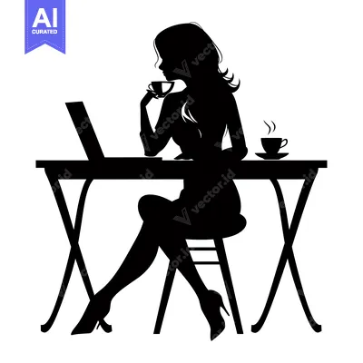 Premium design asset: Silhouette of a Woman Sitting at a Table with a Laptop and Two Cups of