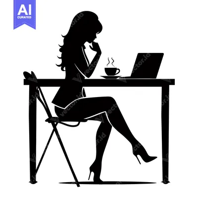 Aset premium populer: Silhouette of a Woman Sitting at a Desk with a Laptop and Coffee
