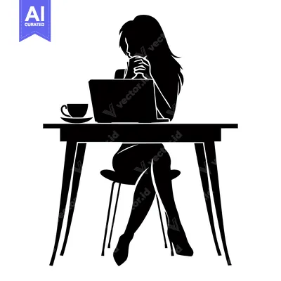 Aset desain premium: Silhouette of a woman sitting at a desk with a laptop and a cup of cof