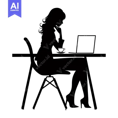 Aset premium populer: Silhouette of a woman working on a laptop at a desk, drinking coffee