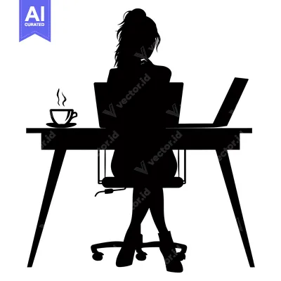 Aset desain premium: Silhouette of a Woman Working at a Desk with a Laptop and a Cup of Cof