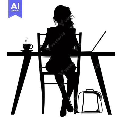 Aset desain premium: Silhouette of a Woman Sitting at a Table with a Laptop and Coffee
