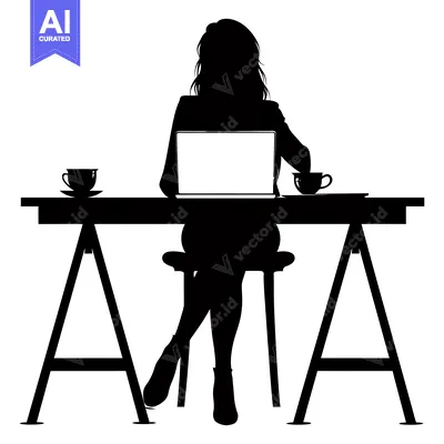 Aset desain premium: Silhouette of a Woman Working on a Laptop at a Desk