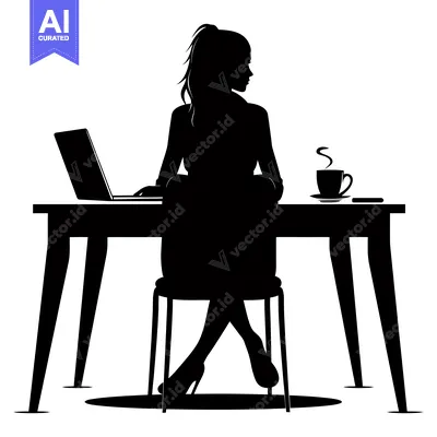 Aset premium populer: Silhouette of a woman sitting at a desk working on a laptop with a cup