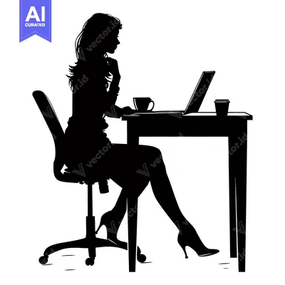 Premium design asset: Silhouette of a Woman Working at a Desk with a Laptop and Coffee