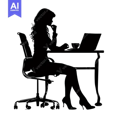 Aset premium populer: Silhouette of a Woman Working at a Desk with a Laptop and a Cup of Cof