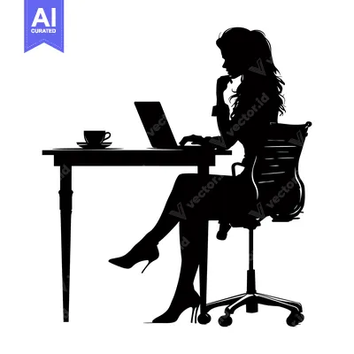 Aset premium populer: Silhouette of a Woman Working at a Desk with a Laptop and a Cup of Cof