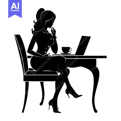 Premium design asset: Silhouette of a Woman Sitting at a Table with a Laptop and a Cup of Co