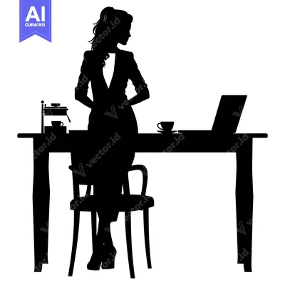 Popular premium asset: Silhouette of a woman sitting at a desk with a laptop and coffee cup