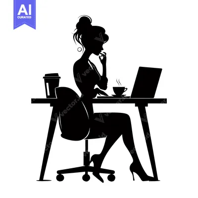 Premium design asset: Silhouette of a Woman Working at a Desk with a Laptop