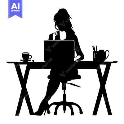 Aset desain premium: Silhouette of a Woman Working at a Desk with a Laptop