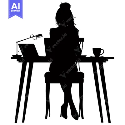 Aset premium populer: Silhouette of a woman working at a desk with a laptop, lamp, and a cup