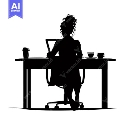 Premium design asset: Silhouette of a Woman Working at a Desk with a Laptop and Coffee