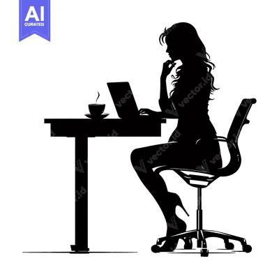 Popular premium asset: Silhouette of a Woman Working on a Laptop with a Cup of Coffee on the