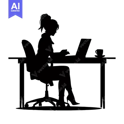 Aset premium populer: Silhouette of a Woman Working on a Laptop at a Desk