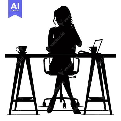 Aset premium populer: Silhouette of a woman working at a desk with a laptop and a cup of cof