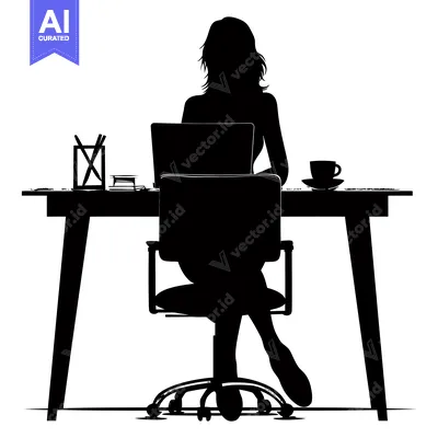 Aset premium populer: Silhouette of a woman working at a desk with a laptop and a cup of cof
