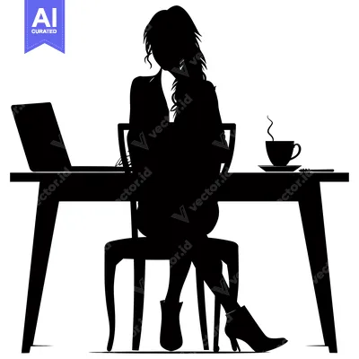 Aset premium populer: Silhouette of a woman sitting at a table with a laptop and a cup of co