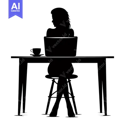 Popular premium asset: Silhouette of a woman sitting at a table with a laptop and a cup of co