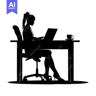 Aset premium populer: Silhouette of a Woman Working at a Desk with a Laptop and a Cup of Cof