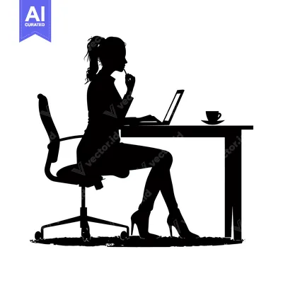 Aset premium populer: Silhouette of a Woman Working on a Laptop at a Desk with a Cup of Coff