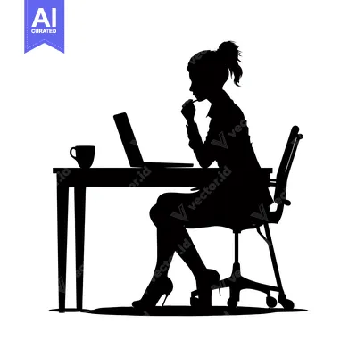 Aset desain premium: Silhouette of a Woman Sitting at a Desk with a Laptop, Pen in Mouth
