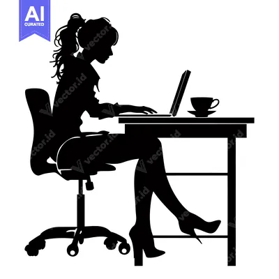 Premium design asset: Silhouette of a Woman Working on a Laptop at a Desk with a Cup of Coff