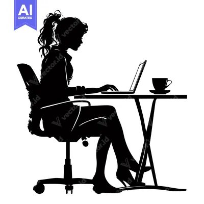 Popular premium asset: Silhouette of a Woman Working on a Laptop at a Desk with a Cup of Coff
