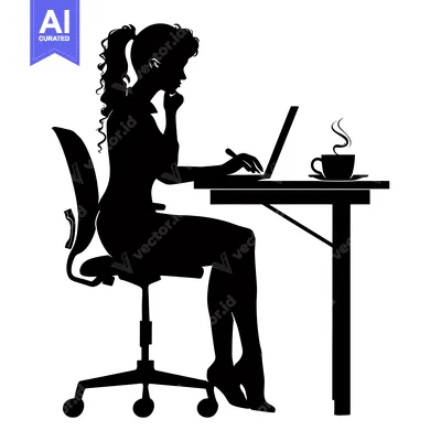 Aset desain premium: Silhouette of a Woman Working at a Desk with a Cup of Coffee