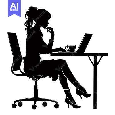 Popular premium asset: Silhouette of a Woman Working at a Desk with a Laptop and Coffee