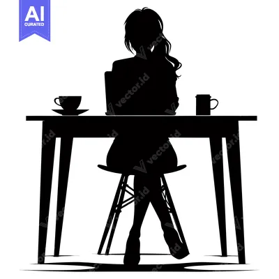 Aset premium populer: Silhouette of a woman working at a desk with a laptop, cup, and mug