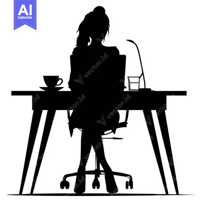 Aset premium populer: Silhouette of a woman working at a desk with a laptop, a cup of coffee