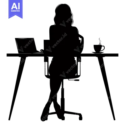 Aset desain premium: Silhouette of a Woman Working at a Desk with a Laptop and a Cup of Cof