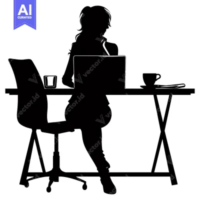 Aset desain premium: Silhouette of a Woman Working at a Desk with a Laptop