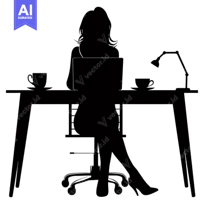 Aset desain premium: Silhouette of a Woman Working at a Desk with a Laptop