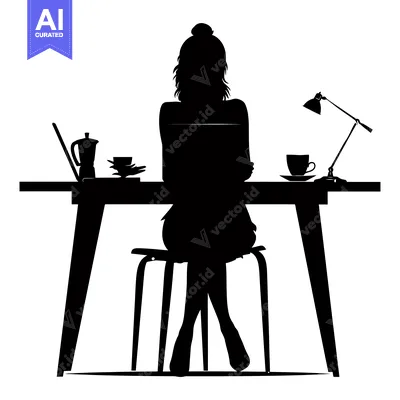 Premium design asset: Silhouette of a Woman Working at a Desk with a Laptop, Coffee, and a D