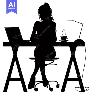 Popular premium asset: Silhouette of a Woman Working at a Desk with a Laptop, Coffee, and a L
